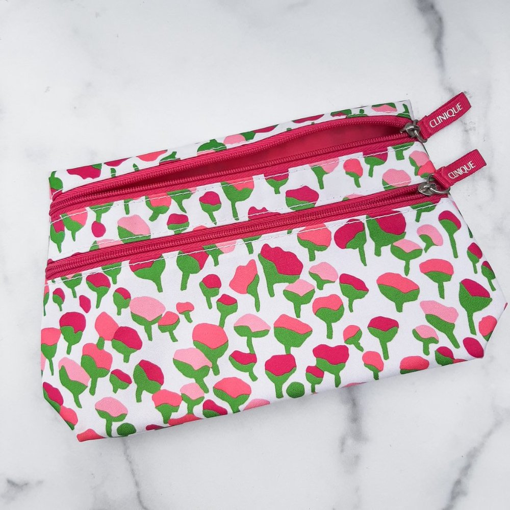 NWOT Clinique pink rosebud floral cosmetic makeup zippered storage bag 9x6